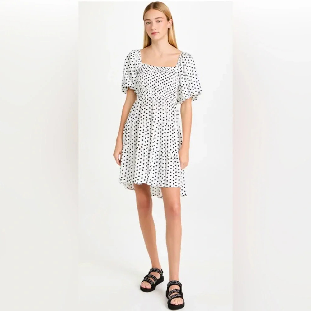 REVOLVE MINKPINK Tidal Dress Size Medium Polka Dot Puff Sleeve Smocked Mini
